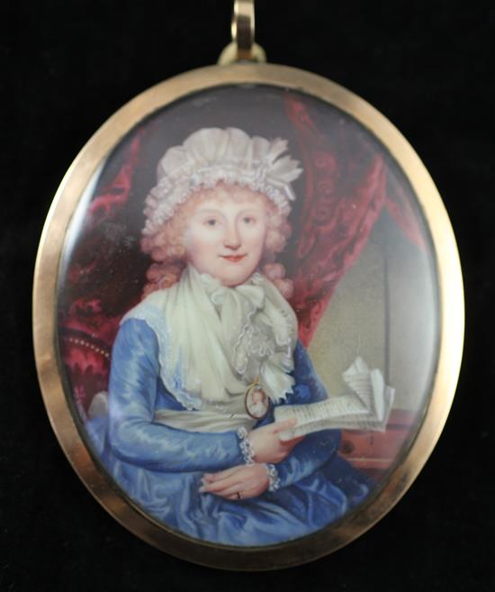 Early 19th century English School Miniature portrait of a lady, seated holding a letter, 2.75 x 2.25in. gold frame with enamelled back.
